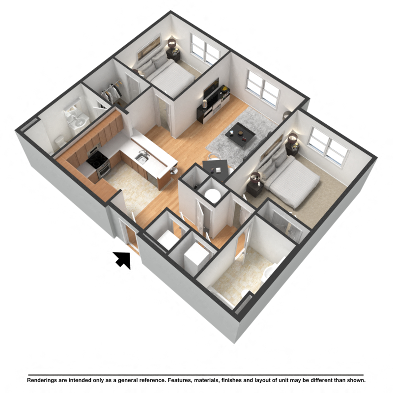 Floor plan for 2 beds, 2 baths, 986 sqft